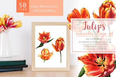 Fire tulips PNG watercolor set