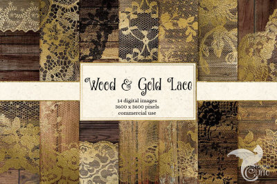 Gold Lace and Wood Digital Paper