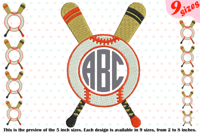 Baseball Circle Embroidery Design ball bat team frames frame 216b