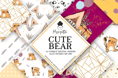 Bear digital paper, animal pattern,Whimsical pattern
