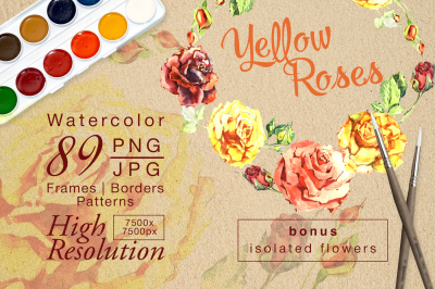 Yellow roses PNG watercolor set