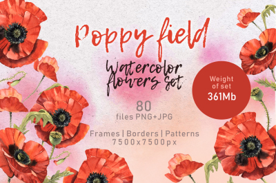 Poppy field PNG watercolor set