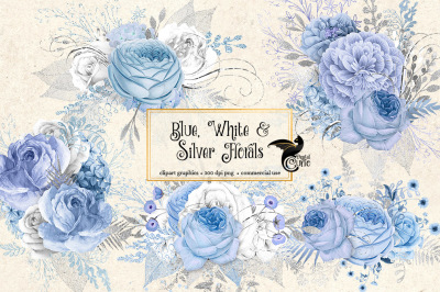 Blue White and Silver Florals