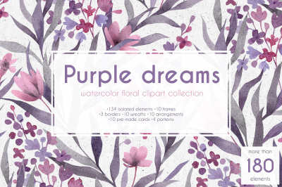 Purple dreams. Watercolor cliparts