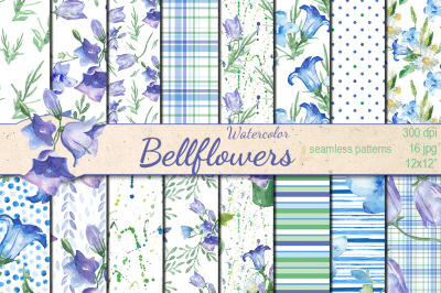 Watercolor Bellflowers seamless patterns