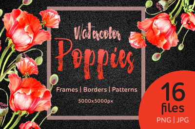 Watercolor red poppies PNG flower set