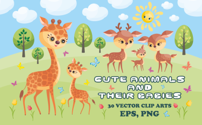 Cute animals and their babies. Vector clip arts.