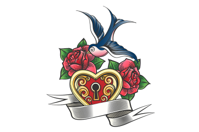 Swallow with Rose and Heart Tattoo