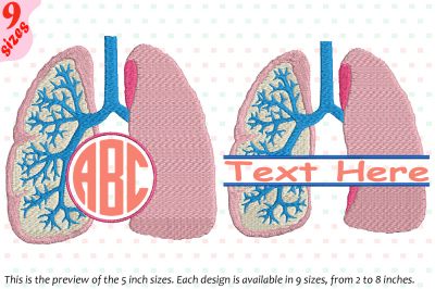 Lungs Split & Circle Embroidery Design Organs Anatomy Frame 231b