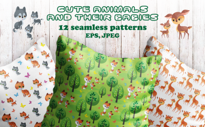 Cute animals and their babies. Seamless patterns.