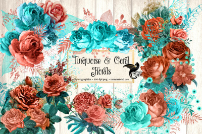 Turquoise and Coral Floral Clipart