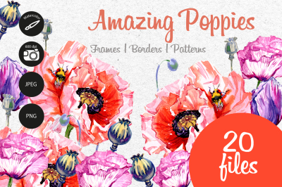 Amazing poppies PNG watercolor set