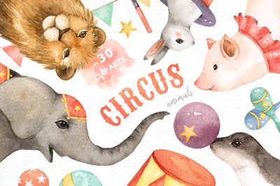 Circus Animals Watercolor Clip Art