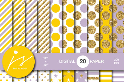 Yellow and purple digital paper with gold glitter, MI-787