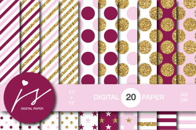 Burgundy and pink digital paper with gold glitter, MI-792