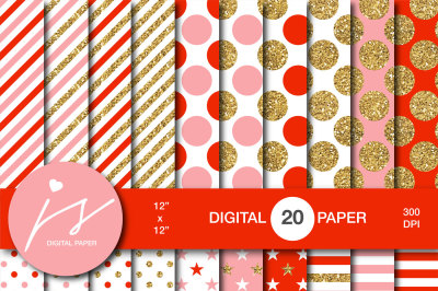 Pink and red digital paper with gold glitter, MI-797