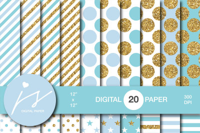 Blue and turquoise digital paper with gold glitter, MI-798
