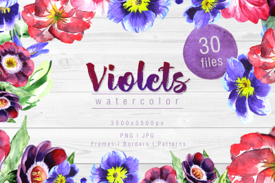 Cool violets PNG watercolor flower set