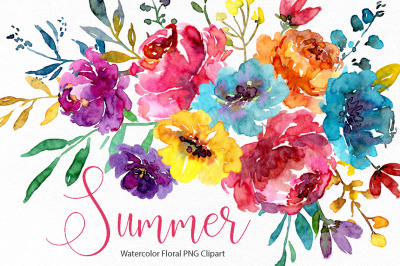 Watercolor Bright Summer Flowers PNG