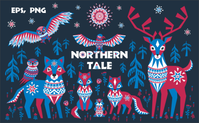 Northern tale. Arctic animals in Tribal style.