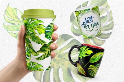 Tropics leaves monstera PNG watercolor set