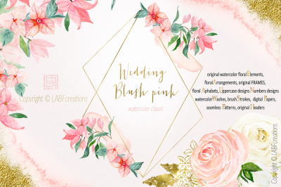 Blush Pink Wedding. Watercolour flowers. Big designer clipart designer