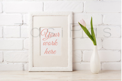 White frame mockup with tender pink tulip