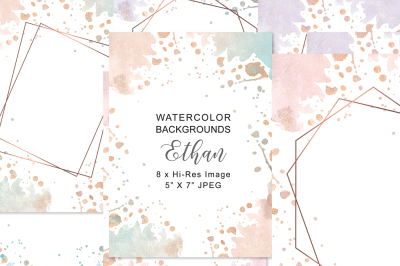 Watercolor Washes Background with Golden Geometric Frame 