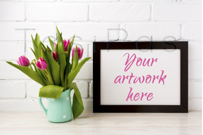 Black brown  landscape frame mockup with magenta tulips in mint green