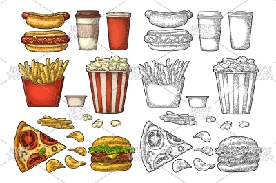 Set fast food. Vector vintage engraving illustration