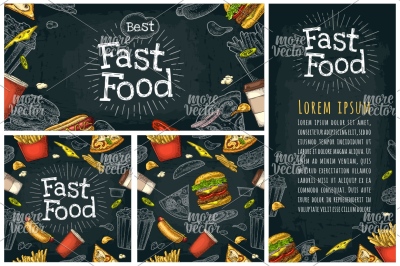 Posters and seamless pattern fast food and lettering.  Vector vintage 