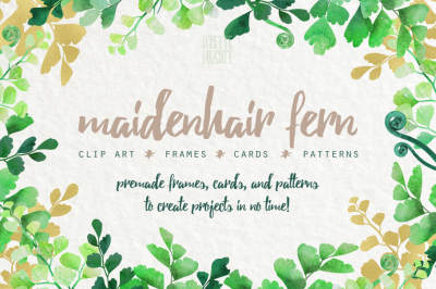 Watercolor fern leaves frames and cards