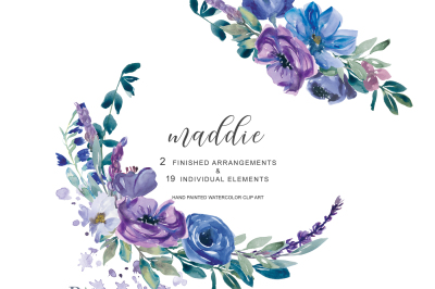 Hand Painted Watercolor Wedding Flowers Clip Art Purple and Blue 