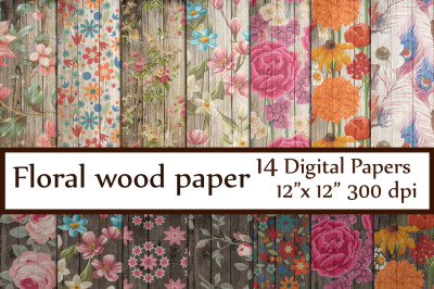 Wood Floral Paper,Floral Wood Papers,Shabby digital paper Distressed