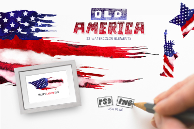 Old America. Watercolor Flag USA. Grunge elements.