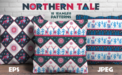 Northern tale. Seamless patterns with Arctic animals in Tribal style