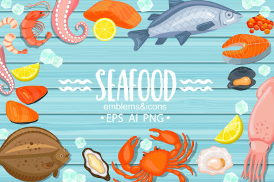 Seafood emblems and icons.