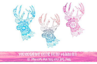 Monogram Deer Head Mandala with watercolor
