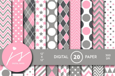 Gray and pink digital scrapbooking paper, MI-857