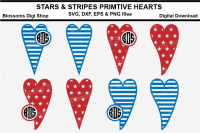 Stars &amp; Stripes Primitive Hearts, SVG, DXF, EPS and PNG files