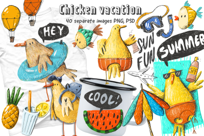 Chicken vacation doodle set