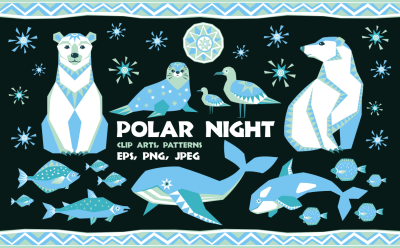 Polar night. Vector clip arts and seamless patterns in ethnic style.