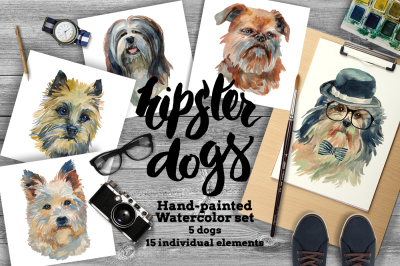 Hipster dogs watercolor set