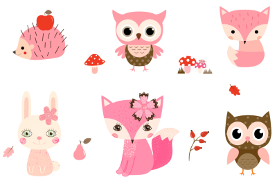Cute Woodland Animal Clipart, Pink Forest Creature Clipart Fox Owl