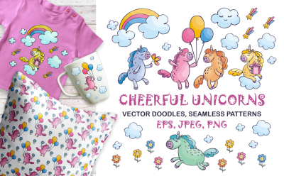 Cheerful unicorns. Vector doodles and seamless patterns.