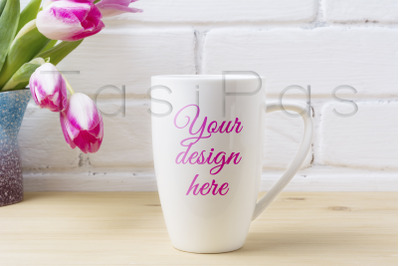 White coffee cappuccino mug mockup with magenta pink tulips.