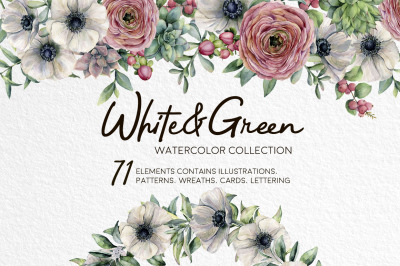 White&amp;Green. Watercolor anemone set