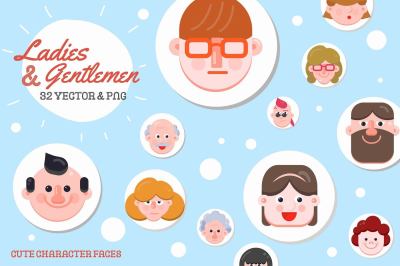 32 Character Faces Flat Designs