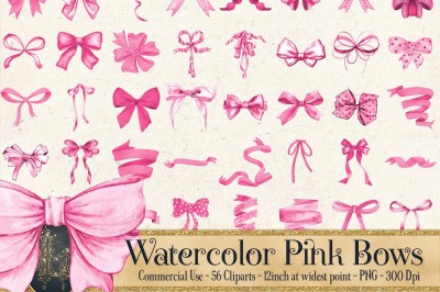 56 Watercolor Pink Bows and Ribbons