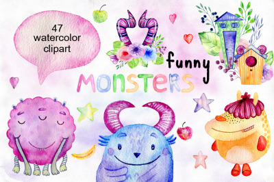 Watercolor funny monsters.